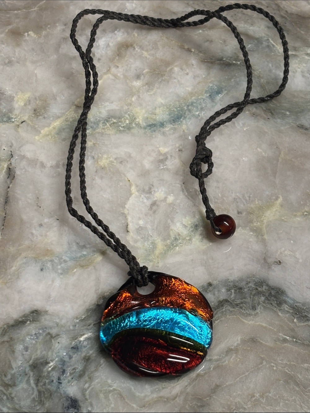Murano Glass pendant circle on cord with glass bead closure